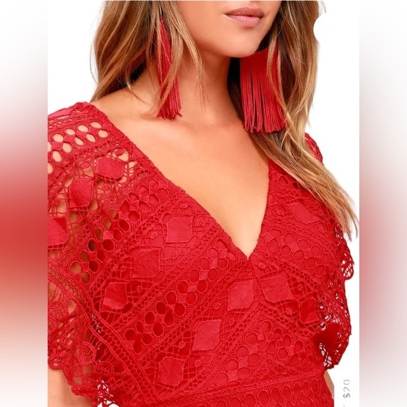 Lulus Mini Dress Coquette XS Lace Feminine Tomato Girl Cherry Red Flutter Sleeve - Picture 6 of 11